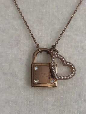 Michael Kors Rose Gold Heart & Lock Pendant with Crystals Necklace